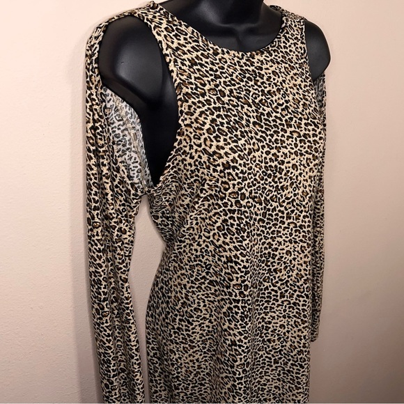 Size 8/10 Leopard Print Dress Long Sleeve Cold Shoulder Style Goth Retro Punk - Picture 9 of 13